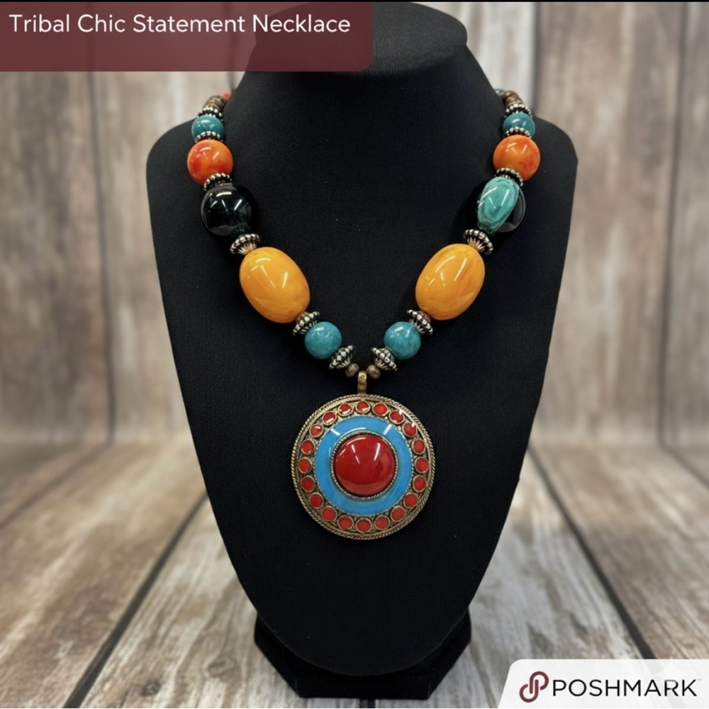 Tibetan Style Chunky Beaded Medallion  Tribal  Necklace